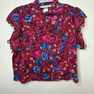 Farm RIO Floral Birds Blush Sleeves Red and Blue Blouse Size XS 100% Cotton